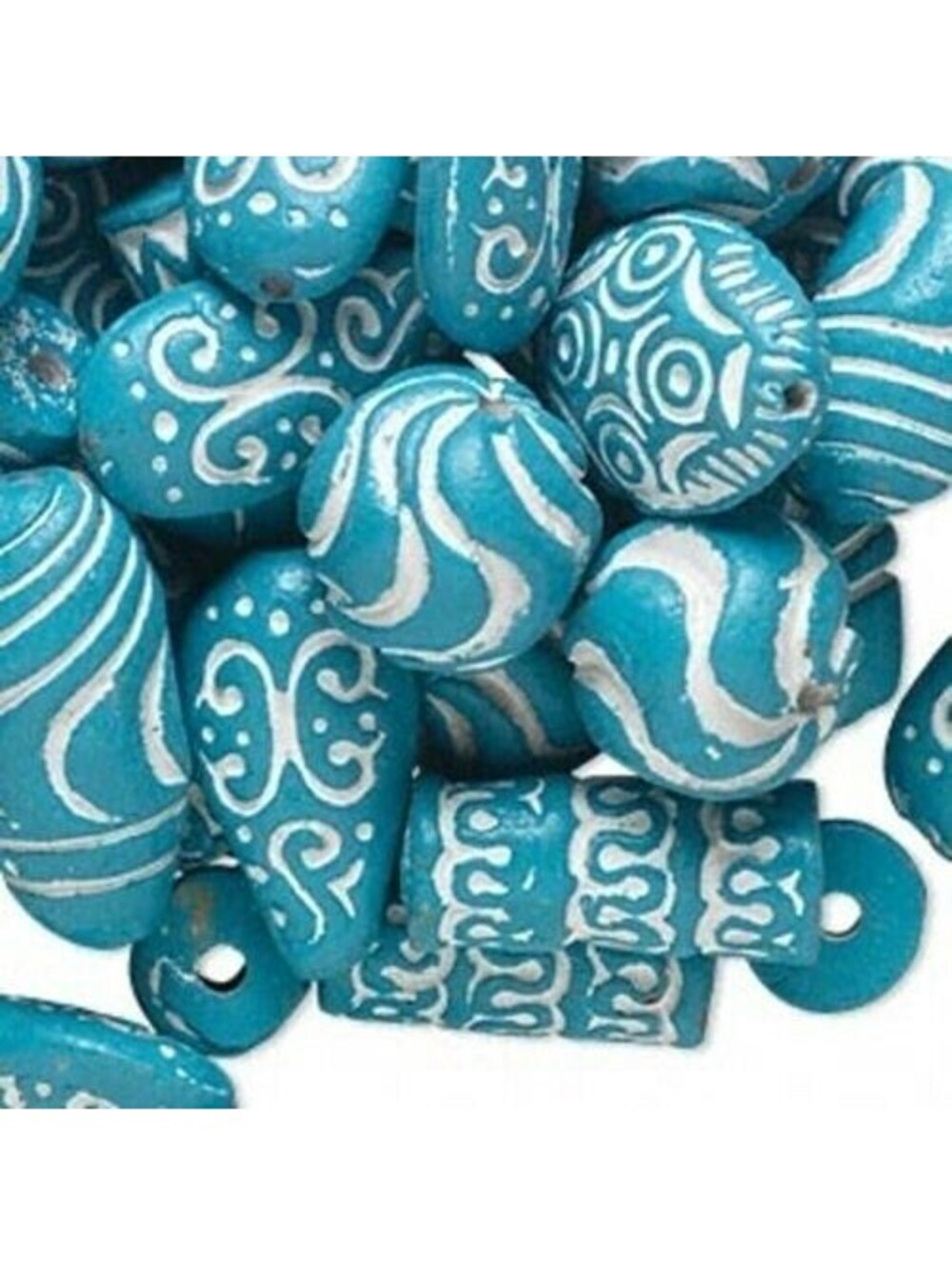 Vintage Ethnic African Tribal Clay Beads Turquoise White 12 pcs